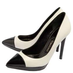 Pre Owned حذاء كعب عالي توم فورد مقدمة مدببة غطاء مقدمة جلد وجلد لامع أسود/ أبيض مقاس 39.5