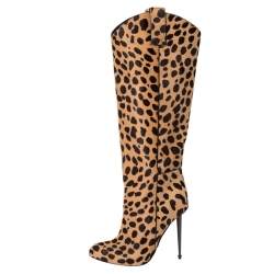 Tom Ford Beige/Brown Leopard Print Calf Hair Knee Length Boots Size 37