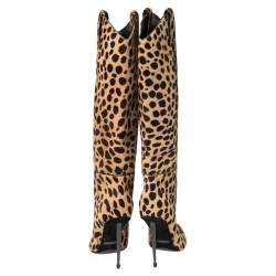 Tom Ford Beige/Brown Leopard Print Calf Hair Knee Length Boots Size 37