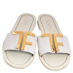 Tom Ford White Leather TF Slide Sandals Size 37