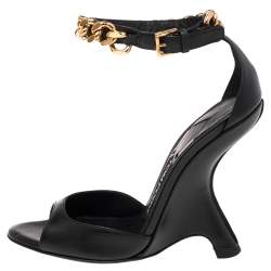 Tom Ford Black Leather Chain Embellished Ankle Strap Wedge Sandals Size 36