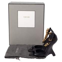 Tom Ford Black Leather Chain Embellished Ankle Strap Wedge Sandals Size 36