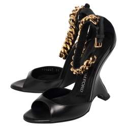 Tom Ford Black Leather Chain Embellished Ankle Strap Wedge Sandals Size 36
