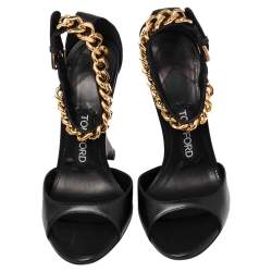 Tom Ford Black Leather Chain Embellished Ankle Strap Wedge Sandals Size 36