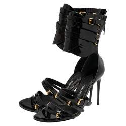 Pre Owned Tom Ford Black Patent Leather Gladiator Triple Buckle Sandals Size 38.5