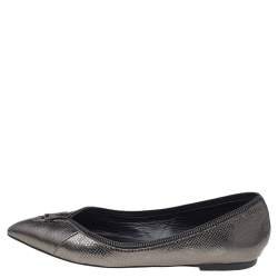 Pre Owned Tom Ford Metallic Grey Embossed Karung Leather Zipper Pointed Toe Ballet Flats Size 38