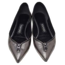 Pre Owned Tom Ford Metallic Grey Embossed Karung Leather Zipper Pointed Toe Ballet Flats Size 38