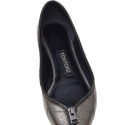 Pre Owned Tom Ford Metallic Grey Embossed Karung Leather Zipper Pointed Toe Ballet Flats Size 38