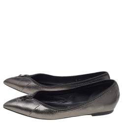 Pre Owned Tom Ford Metallic Grey Embossed Karung Leather Zipper Pointed Toe Ballet Flats Size 38