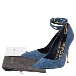 Tom Ford Blue Denim Padlock Ankle Strap Pointed Toe Pumps Size 37