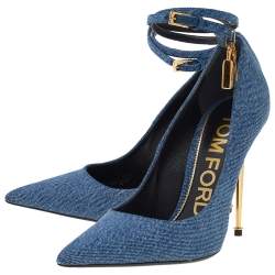 Tom Ford Blue Denim Padlock Ankle Strap Pointed Toe Pumps Size 37