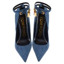 Tom Ford Blue Denim Padlock Ankle Strap Pointed Toe Pumps Size 37
