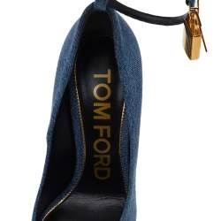Tom Ford Blue Denim Padlock Ankle Strap Pointed Toe Pumps Size 37