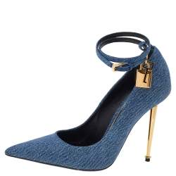 Tom Ford Blue Denim Padlock Ankle Strap Pointed Toe Pumps Size 37