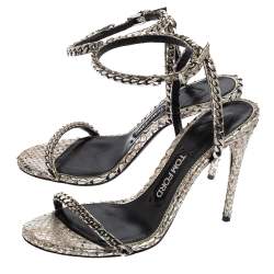 Pre Owned Tom Ford Metallic Silver Python Leather Chain Embellished Ankle Strap Open Toe Sandals Size 37