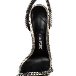 Pre Owned Tom Ford Metallic Silver Python Leather Chain Embellished Ankle Strap Open Toe Sandals Size 37