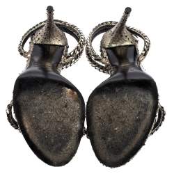 Pre Owned Tom Ford Metallic Silver Python Leather Chain Embellished Ankle Strap Open Toe Sandals Size 37