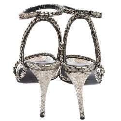 Pre Owned Tom Ford Metallic Silver Python Leather Chain Embellished Ankle Strap Open Toe Sandals Size 37