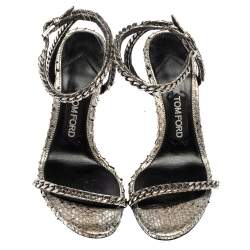 Pre Owned Tom Ford Metallic Silver Python Leather Chain Embellished Ankle Strap Open Toe Sandals Size 37