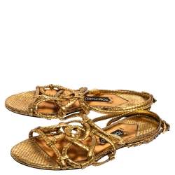 Tom Ford Metallic Gold Snakeskin Flat Sandals Size 41