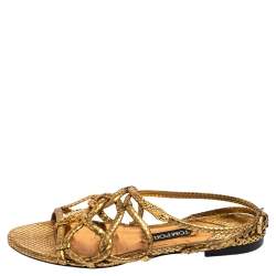 Tom Ford Metallic Gold Snakeskin Flat Sandals Size 41