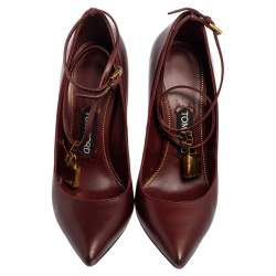 Pre Owned Tom Ford Burgundy Leather Padlock Ankle Wrap Pointed Toe Pumps Size 38