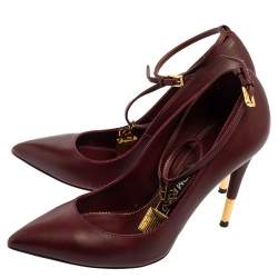 Pre Owned Tom Ford Burgundy Leather Padlock Ankle Wrap Pointed Toe Pumps Size 38