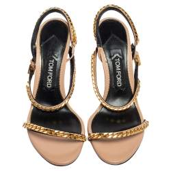 Pre Owned Tom Ford Beige Leather Chain Embellished Slingback Sandals Size 39