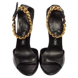 Tom Ford Black Leather Ankle Chain Strap Wedge Sandals Size 38