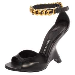 Tom Ford Black Leather Ankle Chain Strap Wedge Sandals Size 38