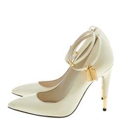 Pre Owned Tom Ford White Patent Leather Padlock Ankle Wrap Pointed Toe Pumps Size 36.5