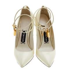 Pre Owned Tom Ford White Patent Leather Padlock Ankle Wrap Pointed Toe Pumps Size 36.5
