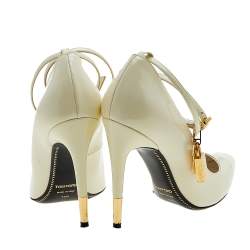 Pre Owned Tom Ford White Patent Leather Padlock Ankle Wrap Pointed Toe Pumps Size 36.5
