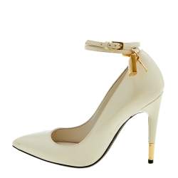 Pre Owned Tom Ford White Patent Leather Padlock Ankle Wrap Pointed Toe Pumps Size 36.5