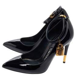 Tom Ford Midnight Blue Patent Leather Padlock Ankle Wrap Pumps Size 36