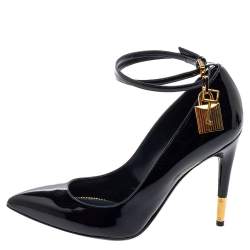 Tom Ford Midnight Blue Patent Leather Padlock Ankle Wrap Pumps Size 36