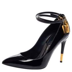Tom Ford Midnight Blue Patent Leather Padlock Ankle Wrap Pumps Size 36