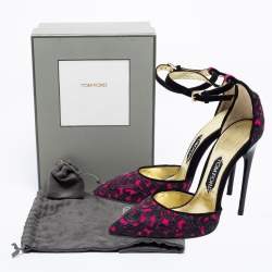 Tom Ford Fuchsia/Black Embroidered Suede D'Orsay Pointed Toe Ankle Strap Pumps Size 38.5