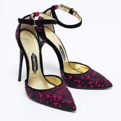 Tom Ford Fuchsia/Black Embroidered Suede D'Orsay Pointed Toe Ankle Strap Pumps Size 38.5