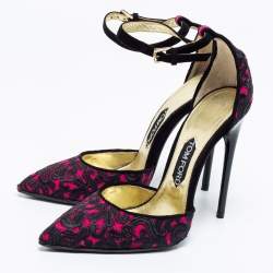 Tom Ford Fuchsia/Black Embroidered Suede D'Orsay Pointed Toe Ankle Strap Pumps Size 38.5