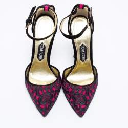 Tom Ford Fuchsia/Black Embroidered Suede D'Orsay Pointed Toe Ankle Strap Pumps Size 38.5