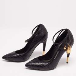 Tom Ford Black Python Leather Padlock Charm Ankle-Strap Pumps Size 38