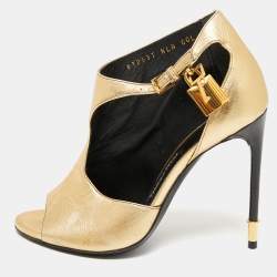 Pre Owned Tom Ford Gold Leather Padlock Ankle-Wrap Booties Size 37