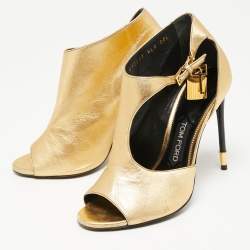 Pre Owned Tom Ford Gold Leather Padlock Ankle-Wrap Booties Size 37