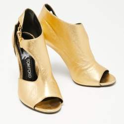 Pre Owned Tom Ford Gold Leather Padlock Ankle-Wrap Booties Size 37