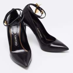 Pre Owned Tom Ford Black Leather Padlock Ankle Wrap Pointed Toe Pumps Size 37