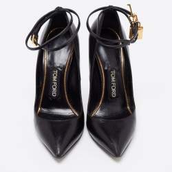 Pre Owned Tom Ford Black Leather Padlock Ankle Wrap Pointed Toe Pumps Size 37