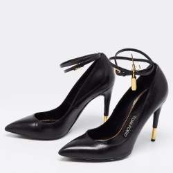 Pre Owned Tom Ford Black Leather Padlock Ankle Wrap Pointed Toe Pumps Size 37