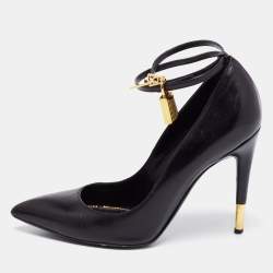 Tom Ford Black Leather Padlock Ankle Wrap Pointed Toe Pumps Size 37