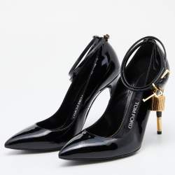 Pre Owned Tom Ford Black Patent Leather Padlock Ankle Wrap Pumps Size 36.5